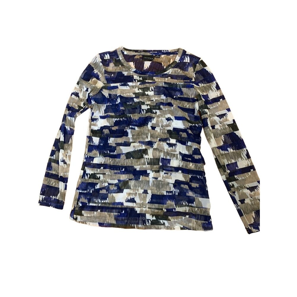 Tribal Womens Long Sleeve Mesh Top M Abstract Print Blue & Tan Lightweight